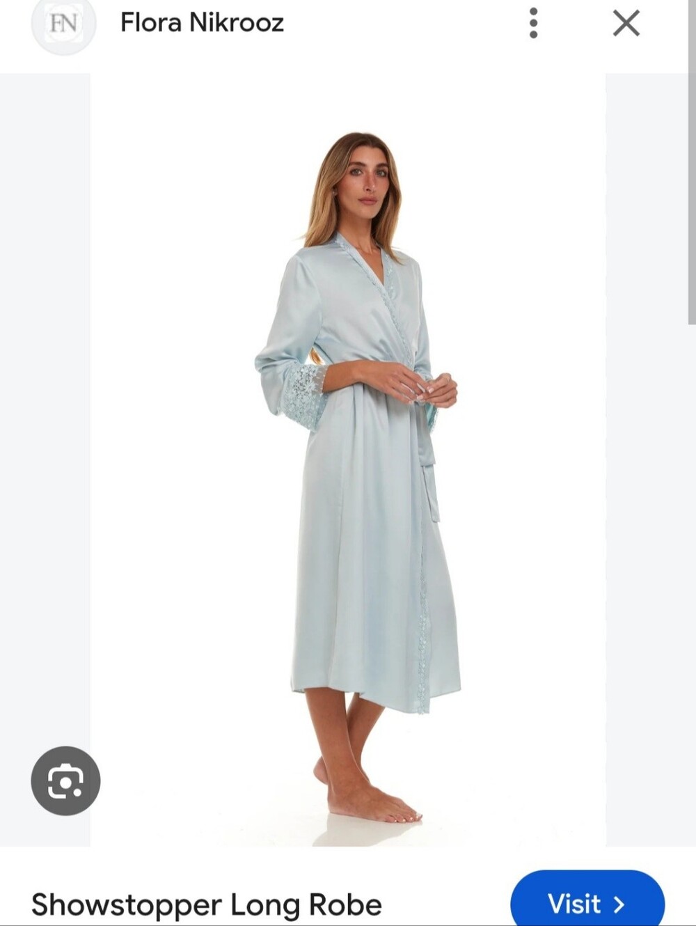 Gorgeous Detailed Flora Nikrooz Light Blue Satin Lace-Trim Long Robe